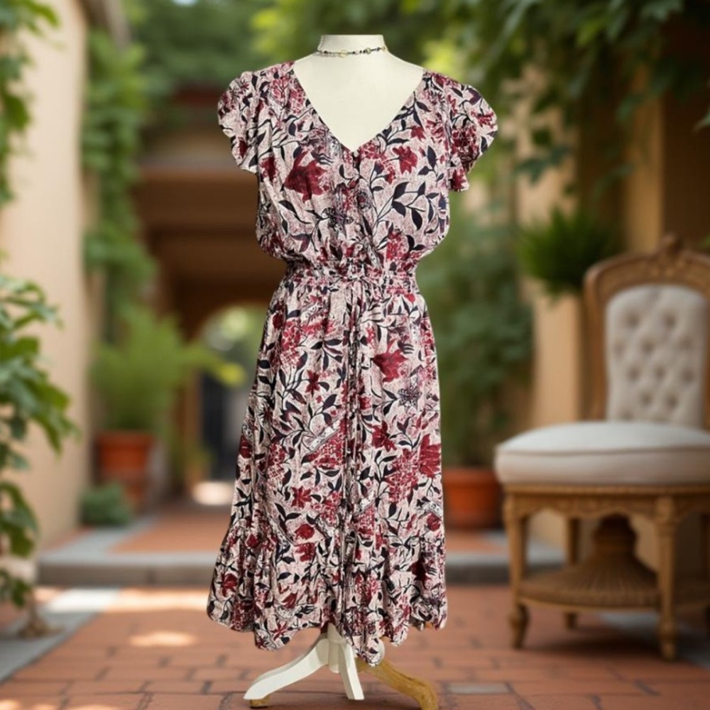 Lucky Brand Floral Dress high low short sleeves button down with half slip Large - Picture 9 of 12